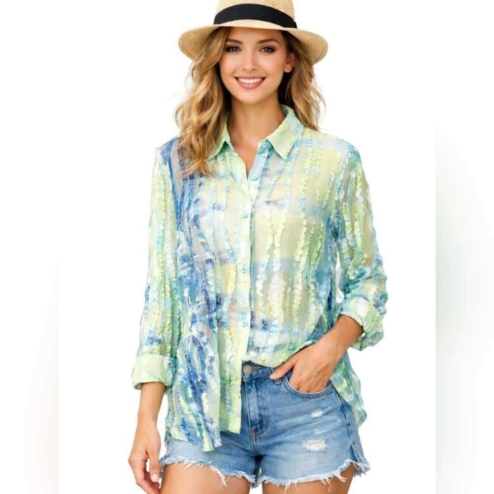 Erin London SZ XL Sheer Blouse Green Blue Stripe Textured Mesh Button Front Top